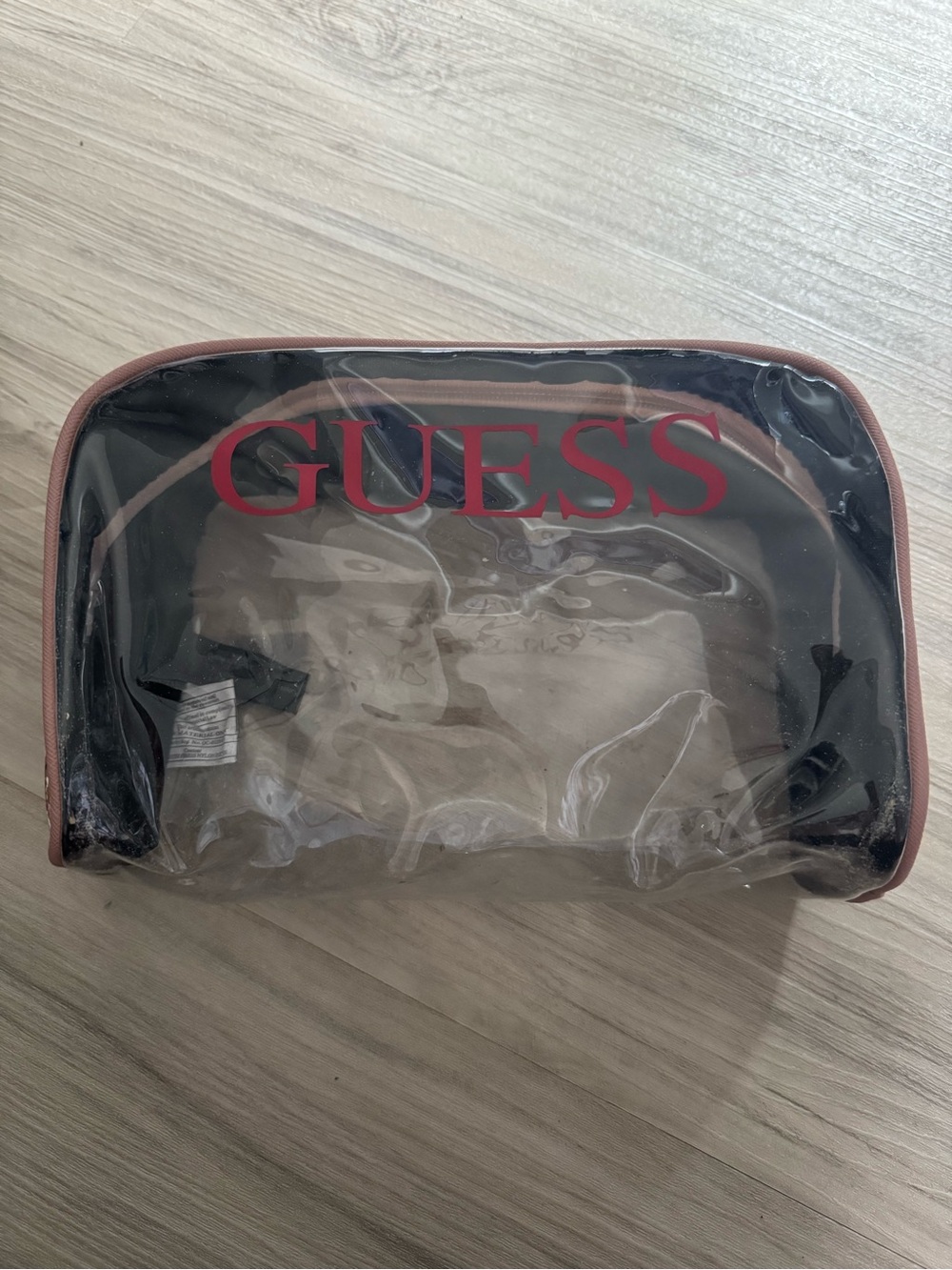 Guess Clear Cosmetic Pouch with Pink Trim and Red Logo